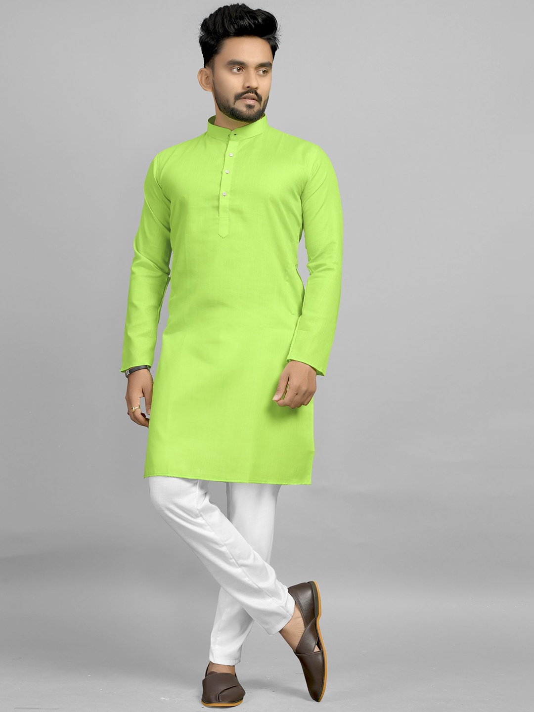 

Fashion FRICKS Band Collar Cotton Straight Kurta, Lime green