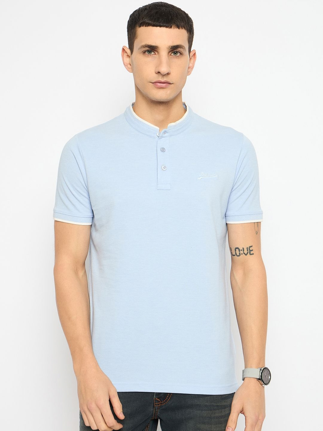 

Duke Men Solid Mandarin Collar Cotton Slim Fit T-shirt, Blue