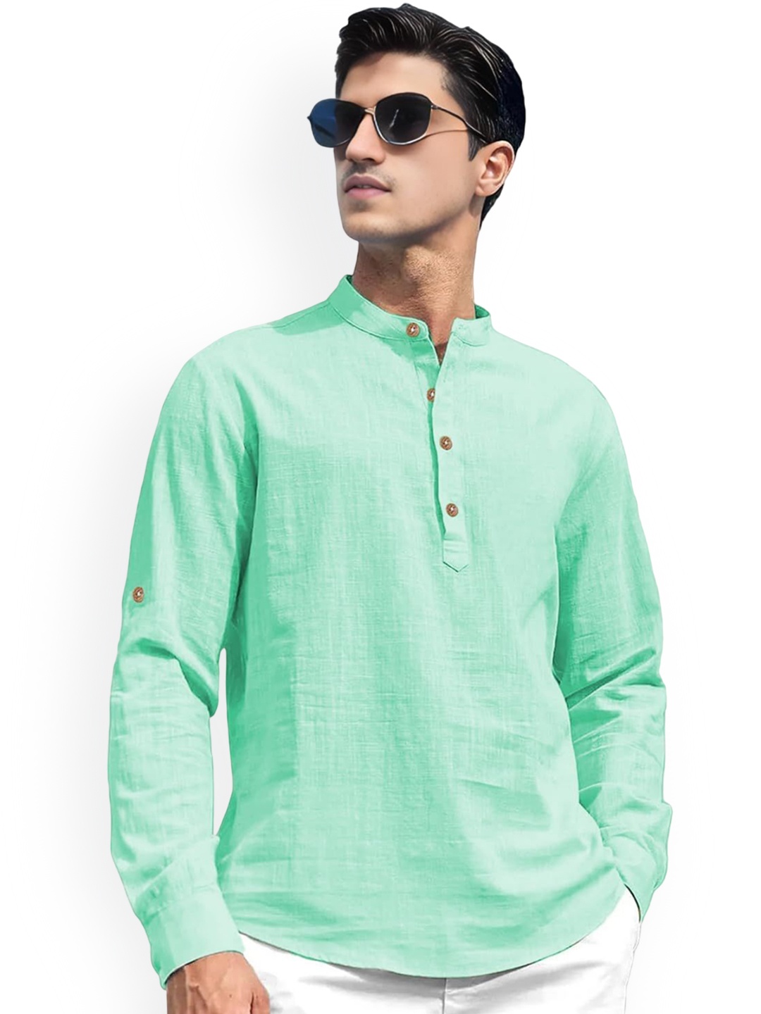 

TrendiVastra Mandarin Collar Cotton Short Kurta, Lime green