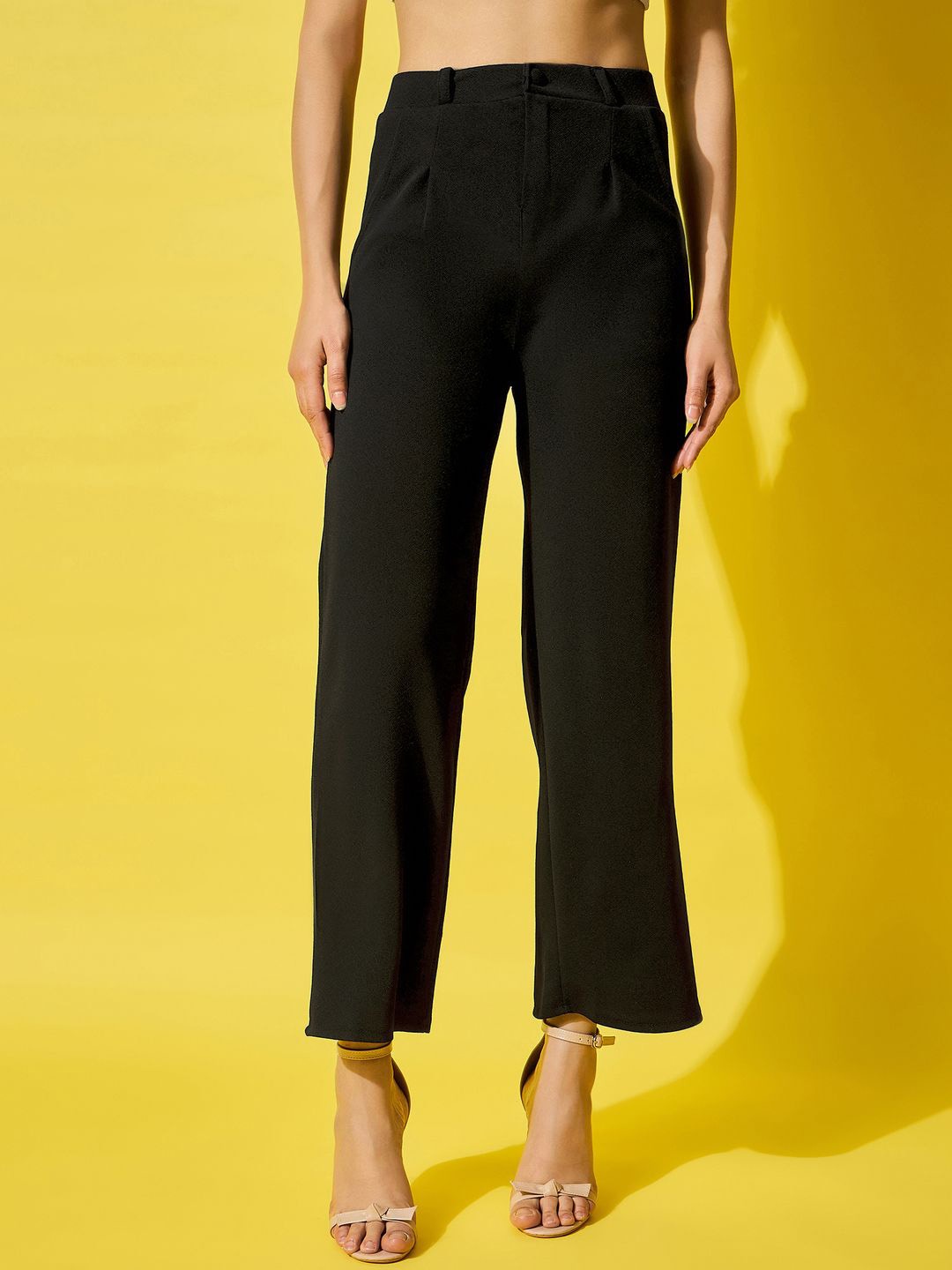 

DIMPY GARMENTS Women Relaxed High-Rise Easy Wash Loose Fit Cropped Trousers, Black