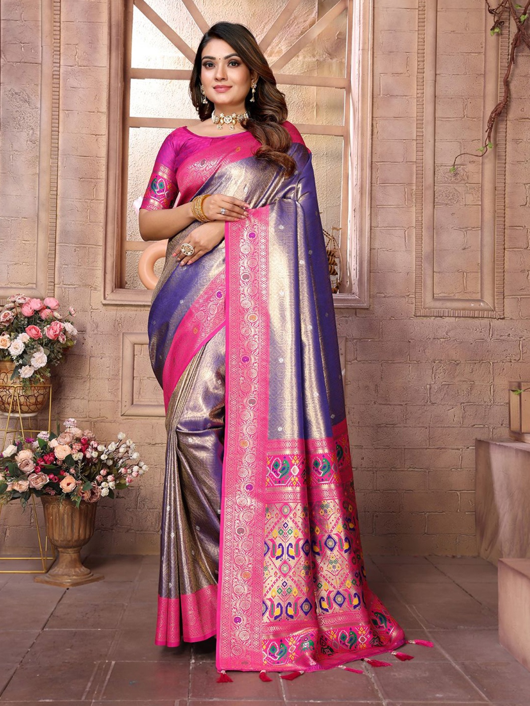 

DIVASTRI Woven Design Zari Silk Blend Banarasi Saree, Blue