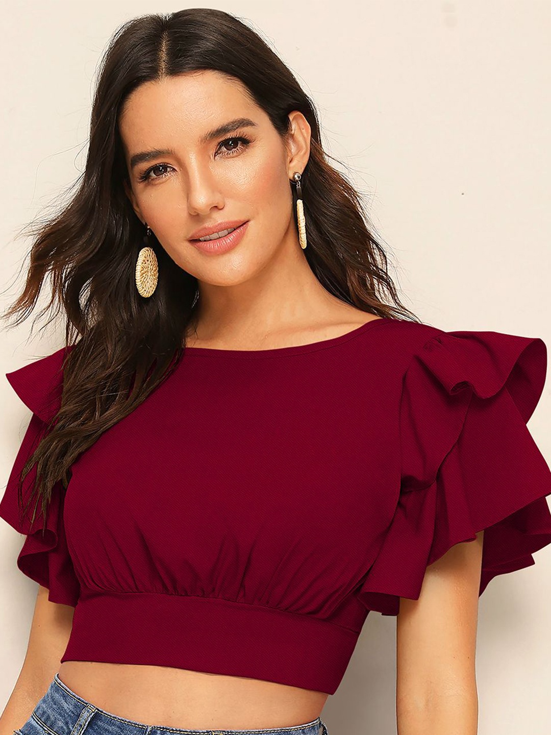 

CORSICA Flutter Sleeve Blouson Crop Top, Maroon