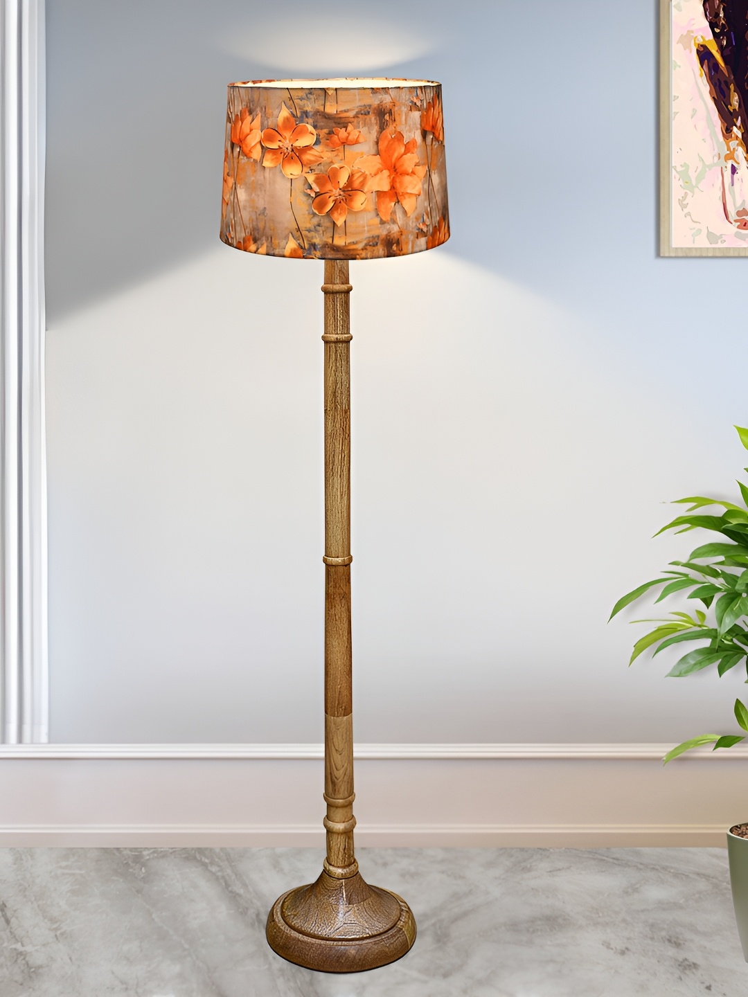 

Homesake Rustic Red & Brown Floral Printed Wooden Cylinder Shaped Floor Lamp With Shade