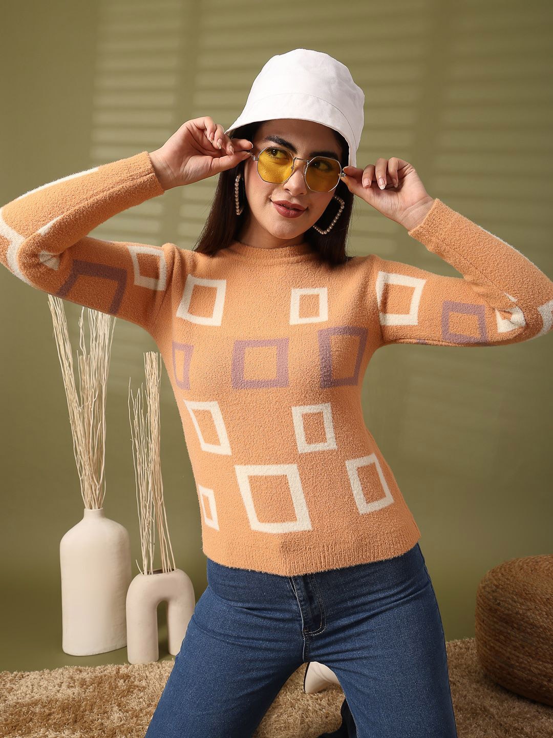 

all about you Geometric Woollen Top, Beige