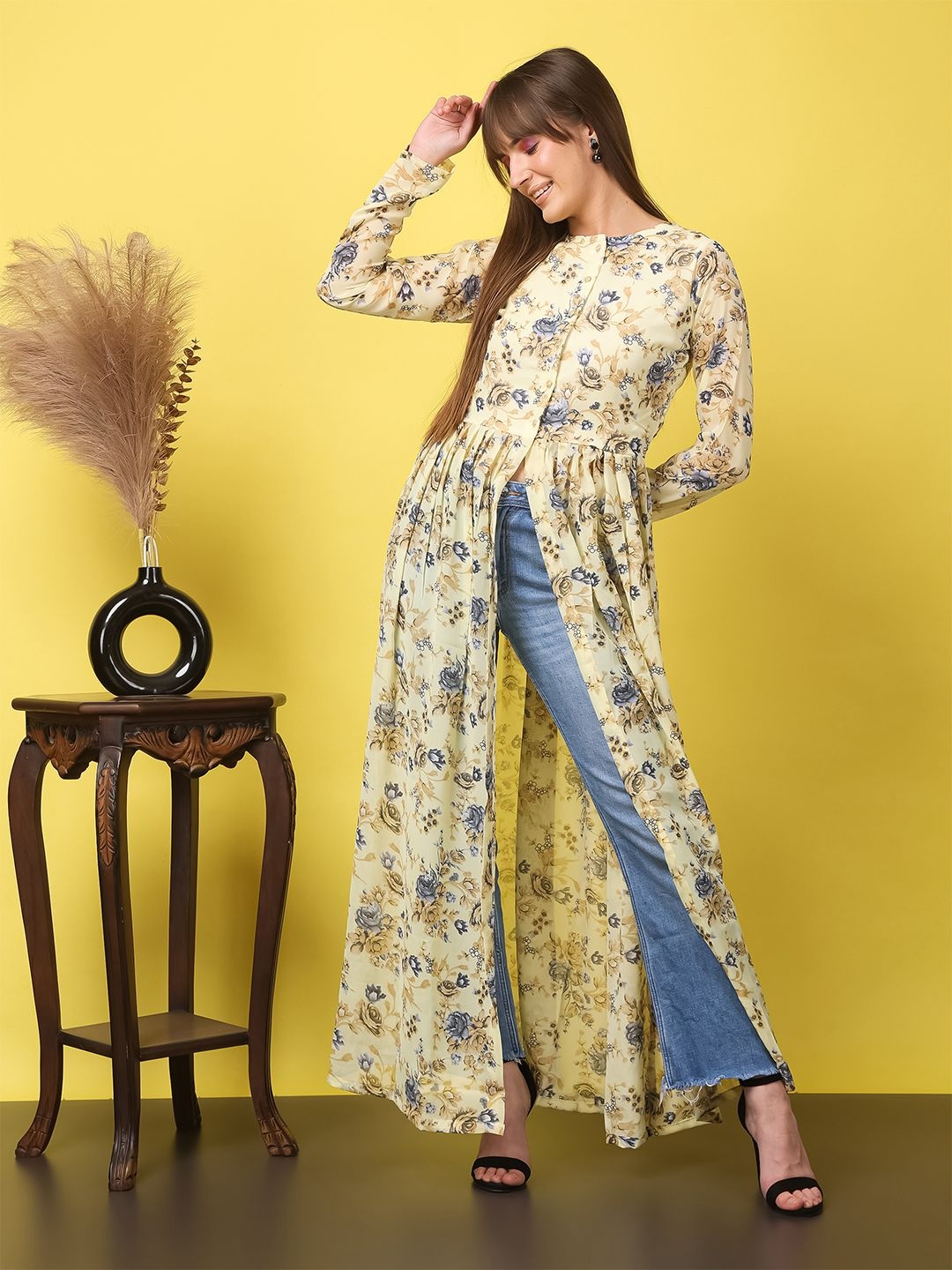 

Moda Rapido Luminous Floral Printed High Slit Round Neck Georgette A-Line Maxi Kurta, Yellow