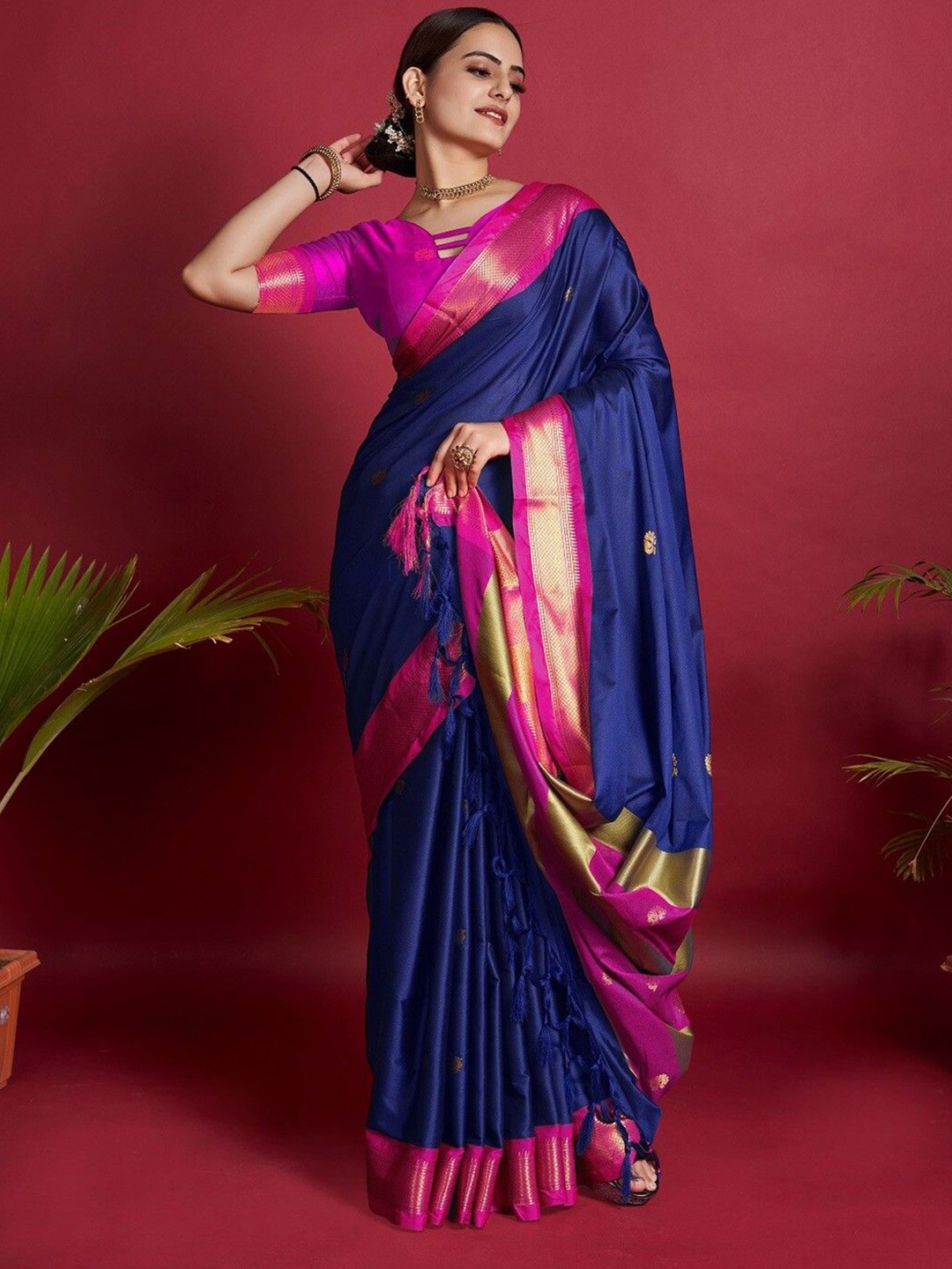 

yourwish Woven Design Zari Silk Cotton Designer Ikat Saree, Navy blue