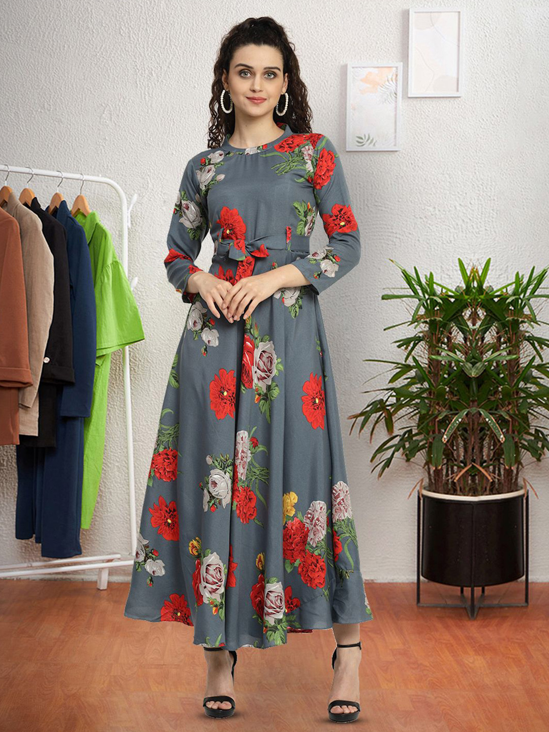 

Moda Rapido Floral Print Applique Fit & Flare Dress, Grey