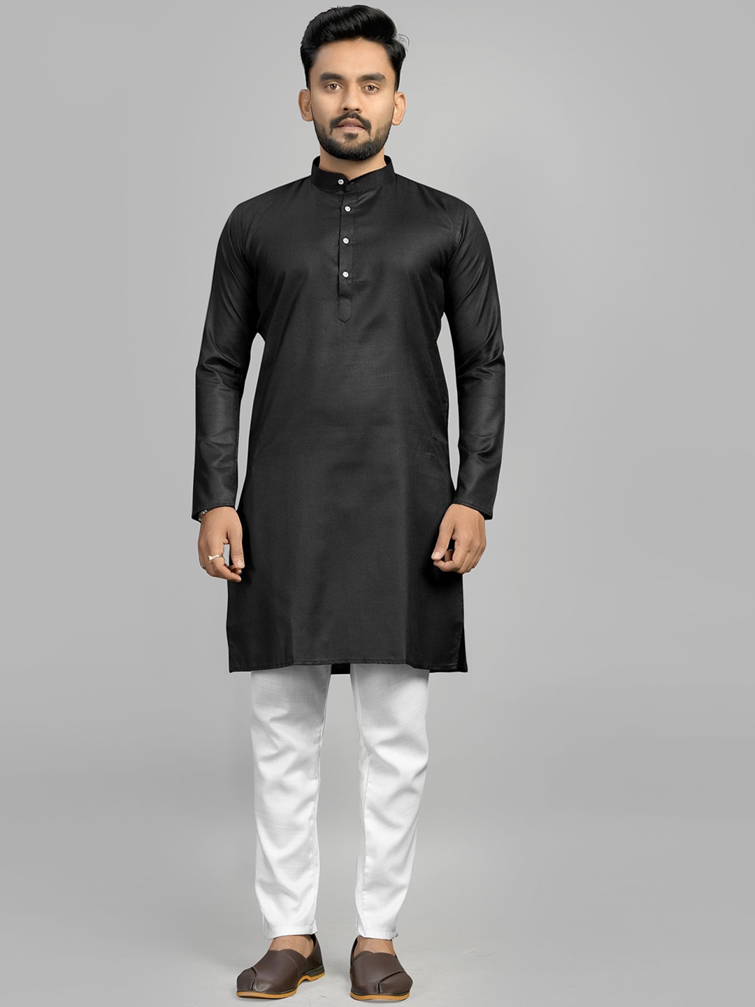 

Fashion FRICKS Band Collar Cotton Straight Kurta, Black