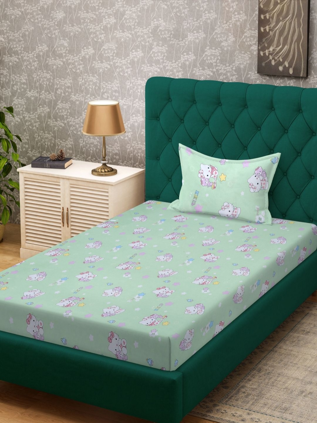 

KLOTTHE Green & White Cartoon Printed Flat 400TC Cotton Single Bedsheet & Pillow Cover