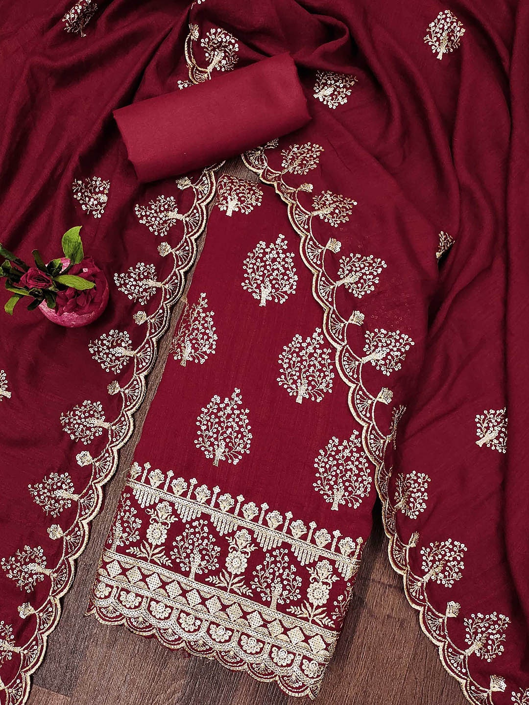 

SAINOOR Floral Embroidered Sequinned Unstitched Dress Material, Red
