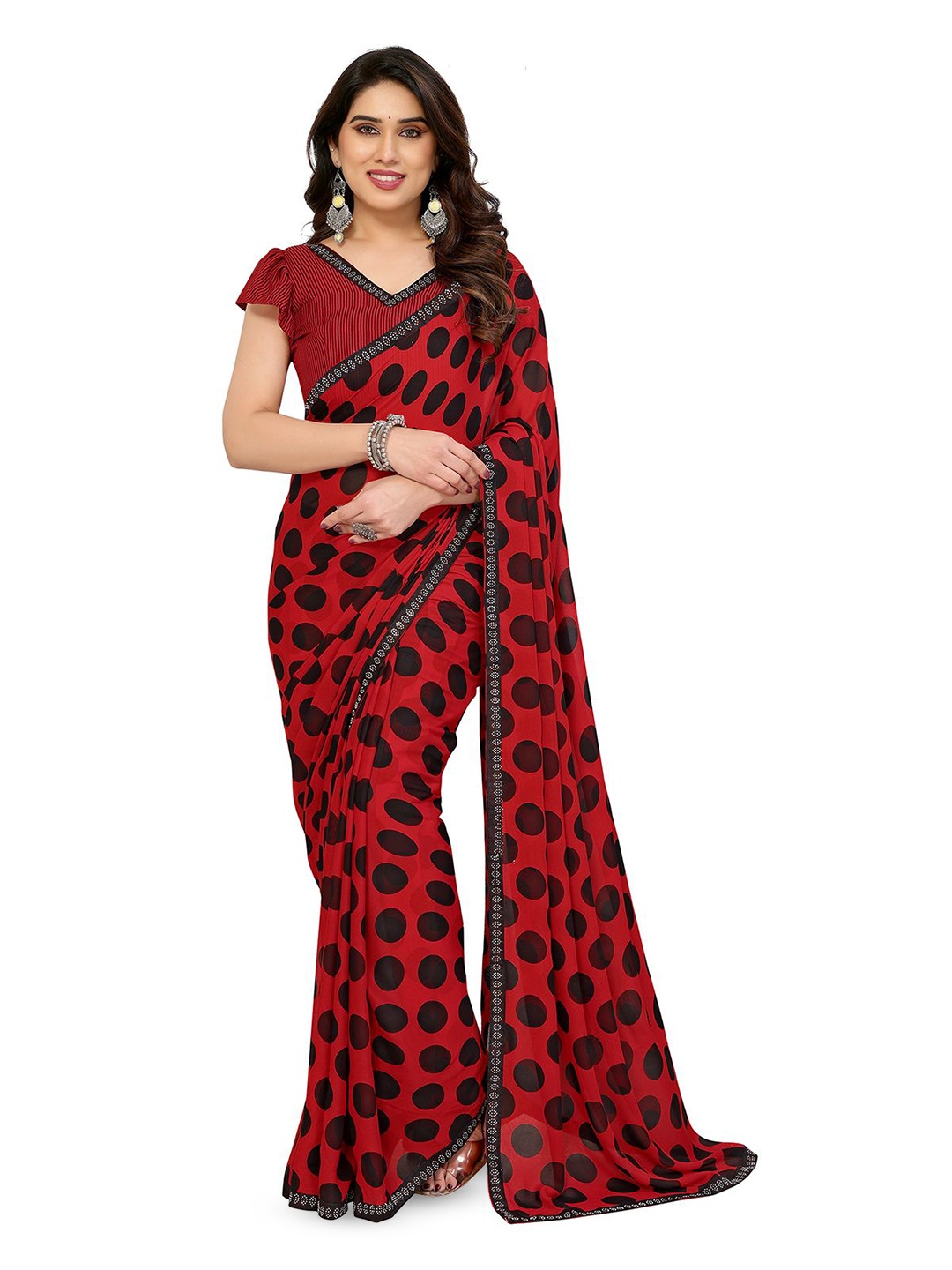 

Moda Rapido Polka Dot Poly Georgette Saree, Red