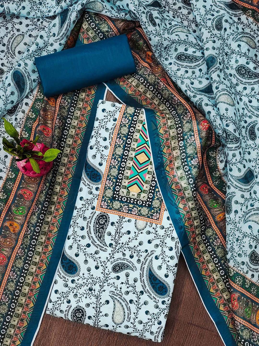 

SAINOOR Floral Printed Unstitched Dress Material, Teal