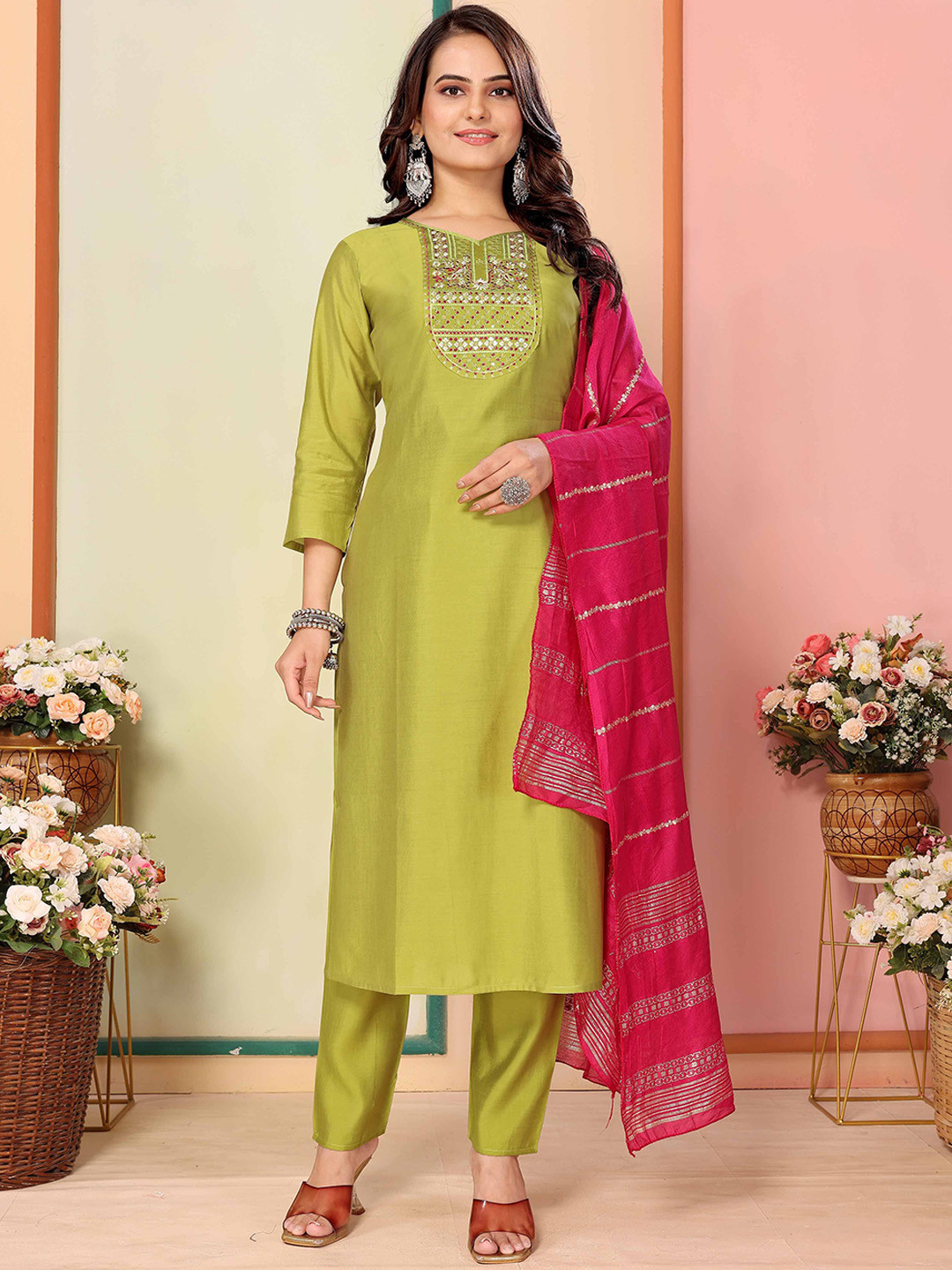 

Moda Rapido Floral Embroidered V-Neck Sequinned Straight Kurta With Trousers & Dupatta, Green