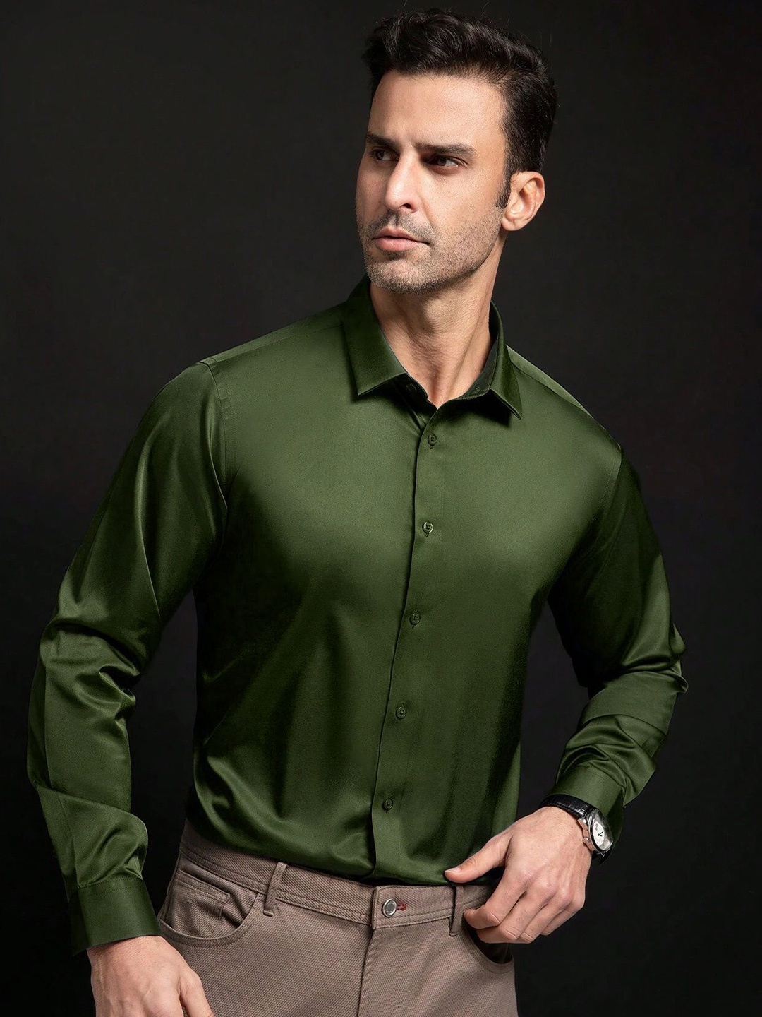 

SOLSTICE Men Comfort Opaque Party Shirt, Olive