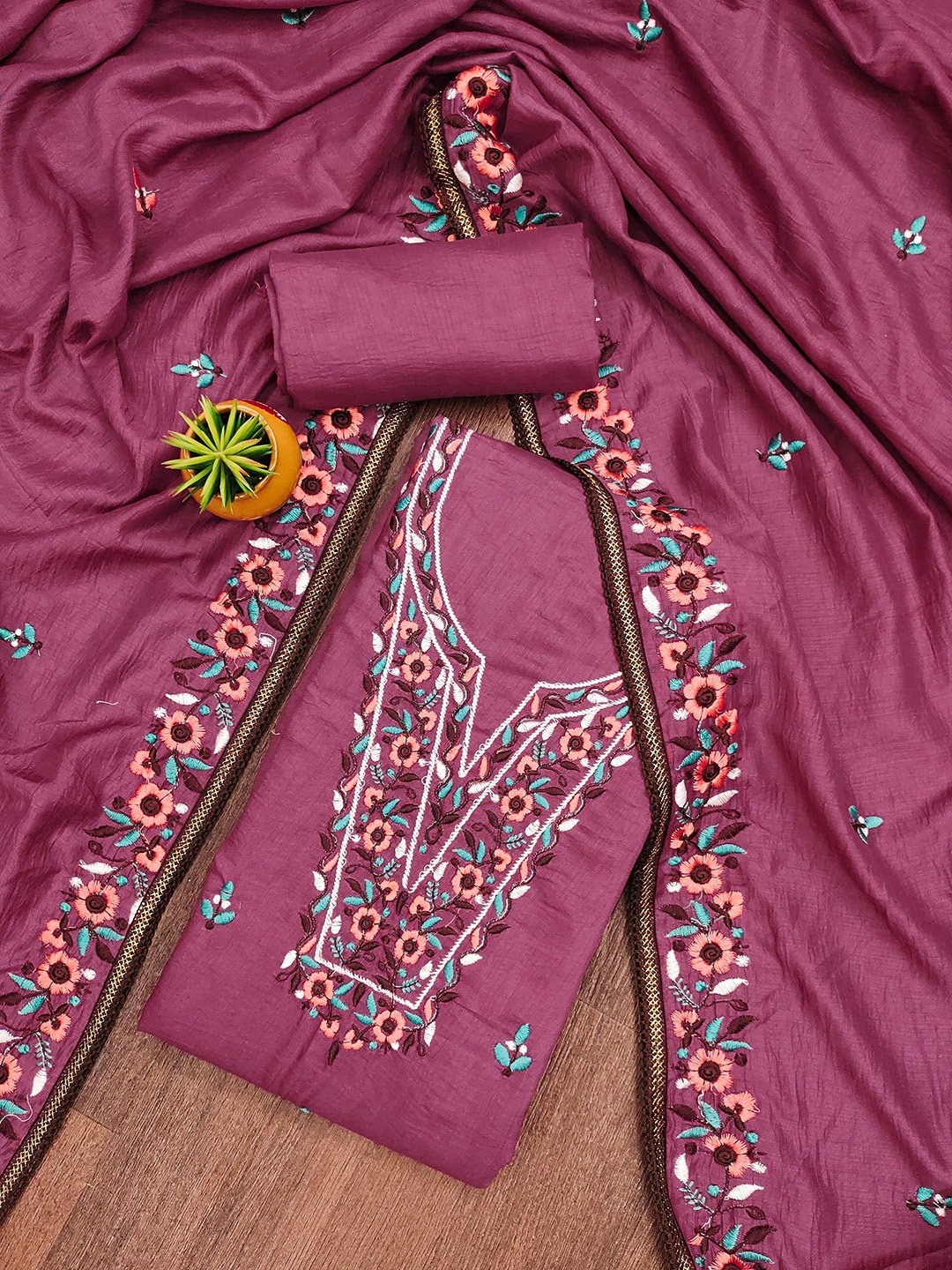

SAINOOR Floral Embroidered Pure Cotton Semi-Stitched Dress Material, Pink