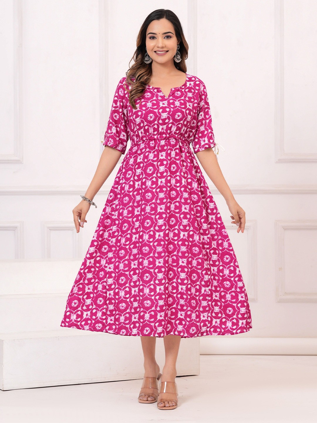 

NEKU FASHOIN Women Floral Printed Mandarin Collar Anarkali Dress, Pink