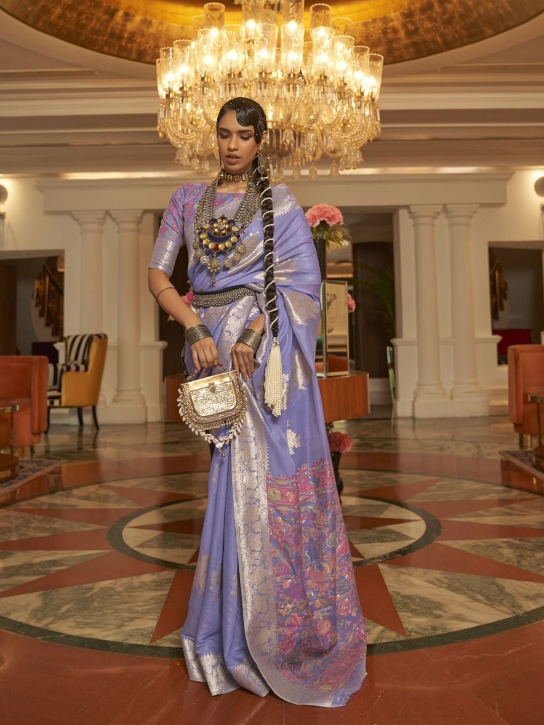 

Anouk Ethnic Motifs Woven Design Zari Belted Saree, Lavender