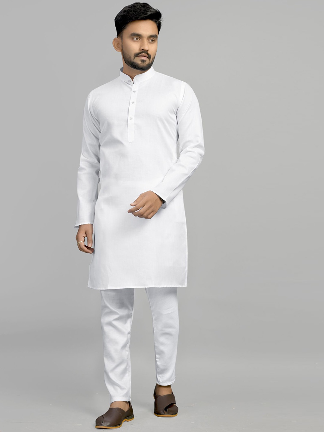 

Fashion FRICKS Band Collar Cotton Straight Kurta, White