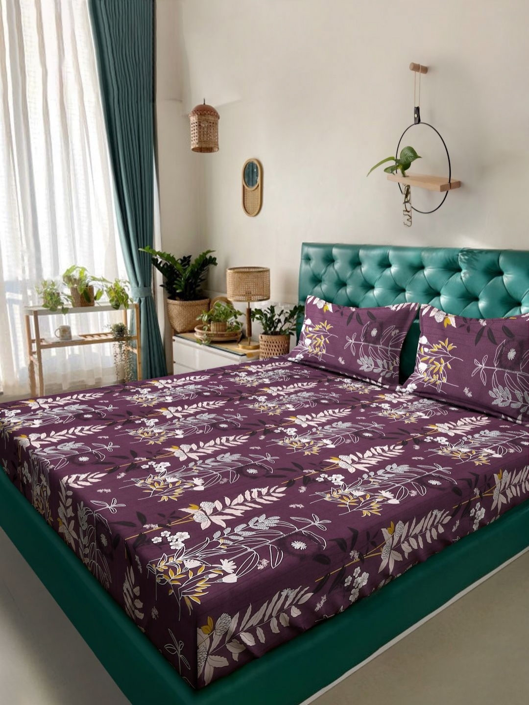 

KLOTTHE Purple And Beige Floral Printed Flat 300 TC King Bedsheet With 2 Pillow Cover