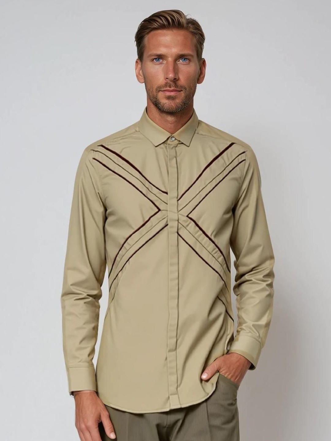 

HE SPOKE Men Smart Tailored Fit Opaque Casual Shirt, Cream