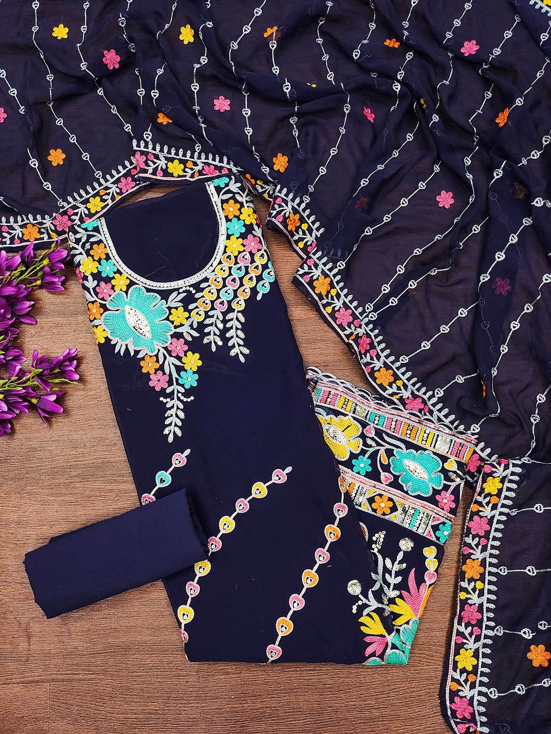 

SAINOOR Floral Embroidered Sequinned Silk Georgette Unstitched Dress Material, Blue