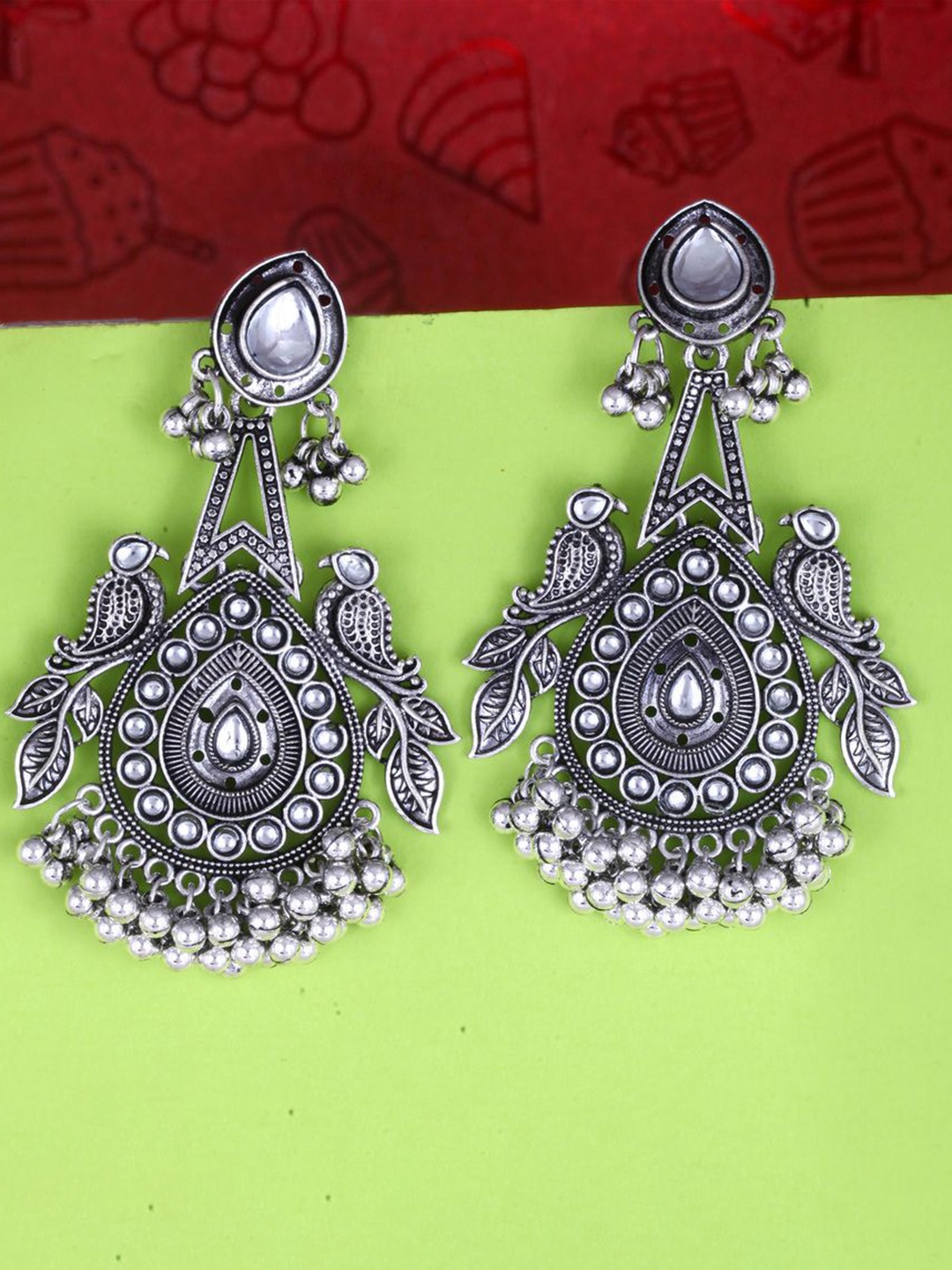 

MEENAZ Silver-Plated Oxidised Stone Studded & Beaded Contemporary Shaped Drop Earrings