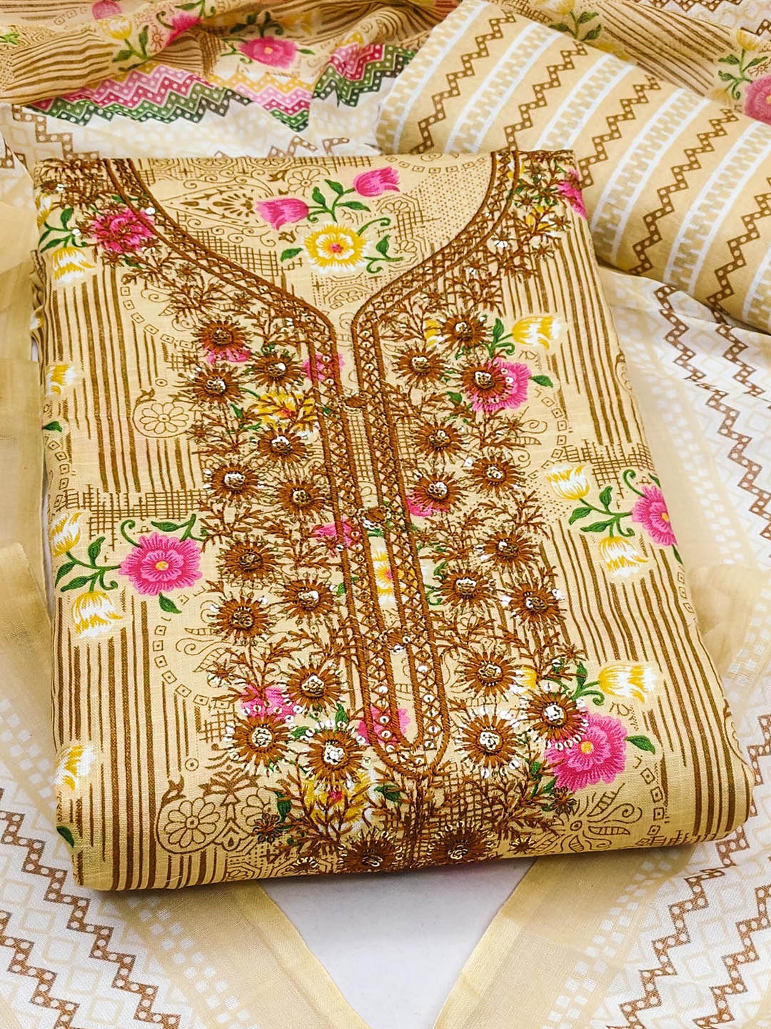 

SAINOOR Floral Printed Pure Cotton Unstitched Dress Material, Yellow