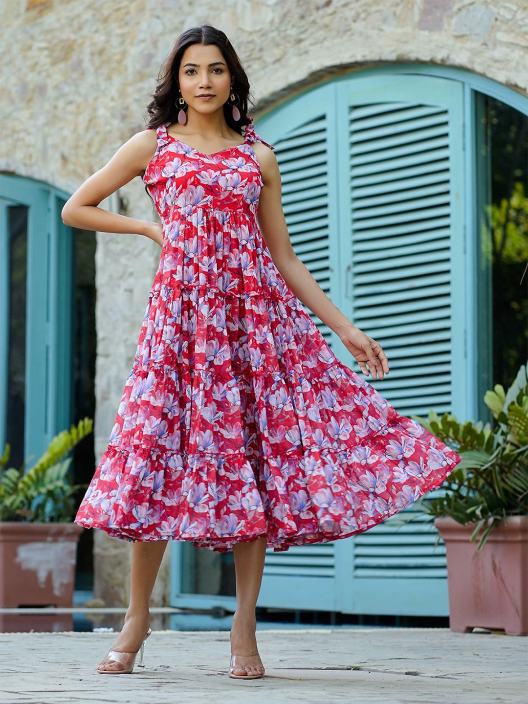 

NOUN Floral Print Georgette Fit & Flare Maxi Dress, Red