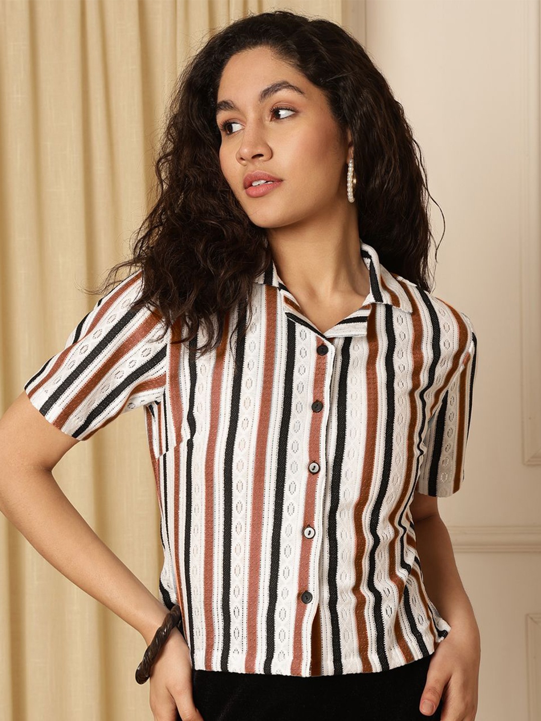 

AKIMIA Striped Mandarin Collar Sheer Lace Shirt Style Crop Top, Cream