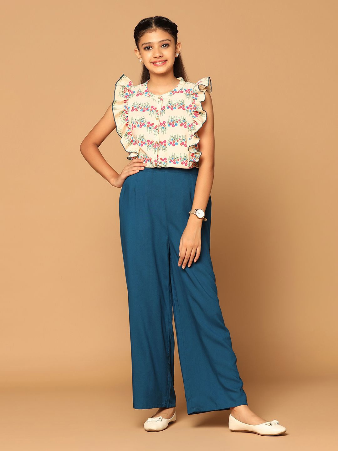 

YK Girls Floral Printed Sleeveless Top With Palazzos, Cream