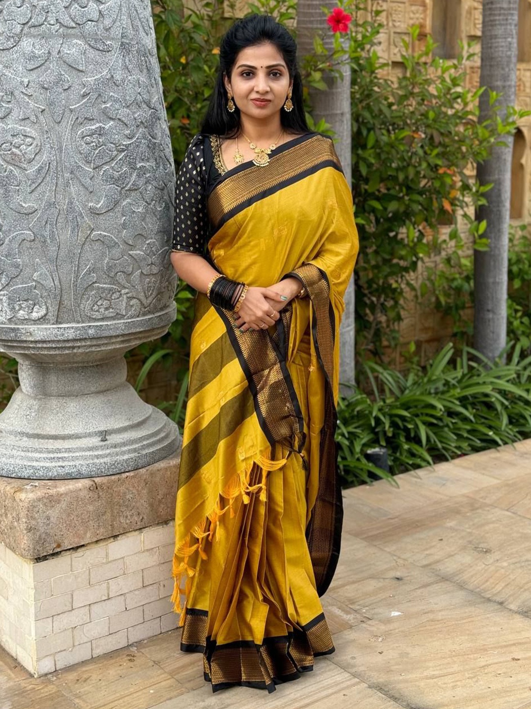 

yourwish Ethnic Motifs Zari Silk Cotton Mysore Silk Saree, Mustard