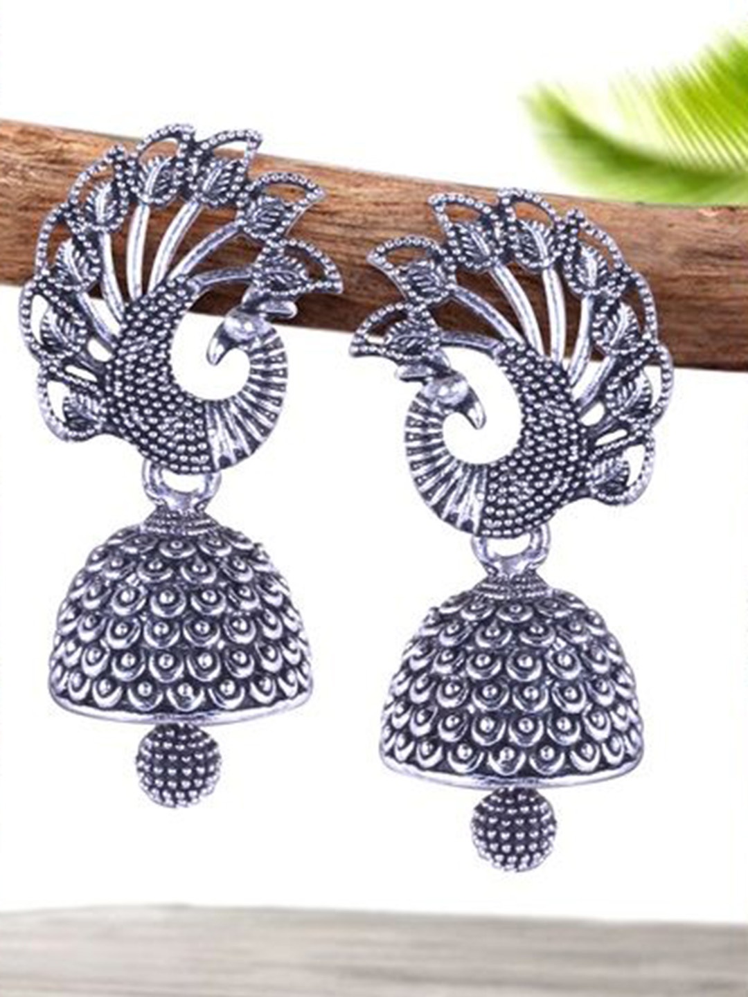 

DIVASTRI Set Of 5 Silver-Plated Peacock Shaped Oxidised Jhumkas