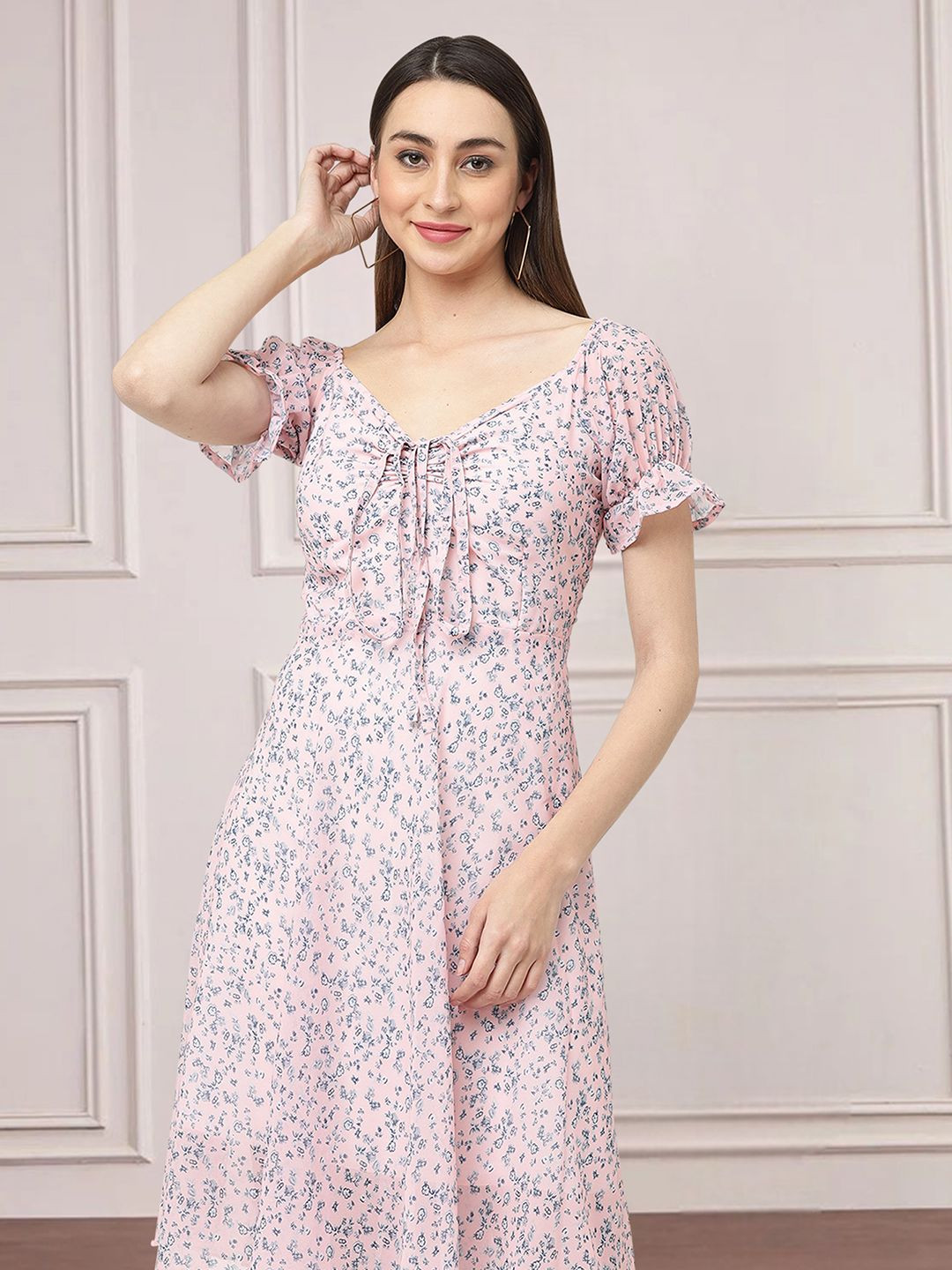 

Moda Rapido Floral Print Tie-Up Neck Applique Fit & Flare Dress, Pink