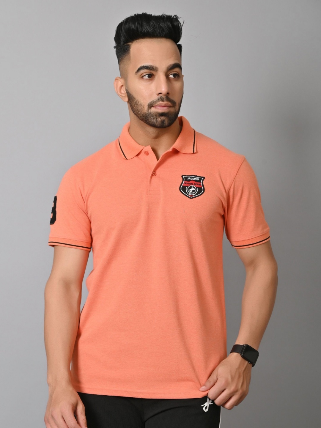 

JAGURO Men V-Neck Applique T-shirt, Orange