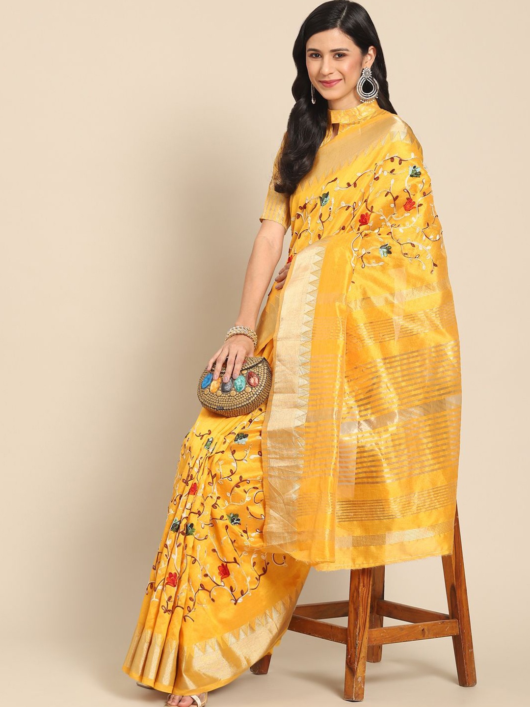 

DIVASTRI Floral Embroidered Silk Cotton Designer Banarasi Saree, Yellow