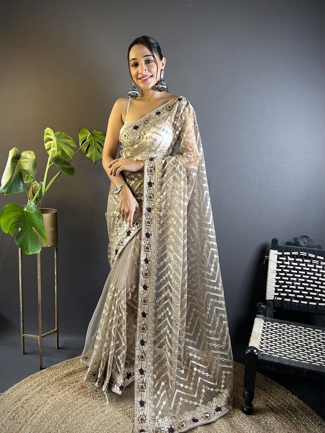 

Mitera Embellished Embroidered Net Saree, Beige