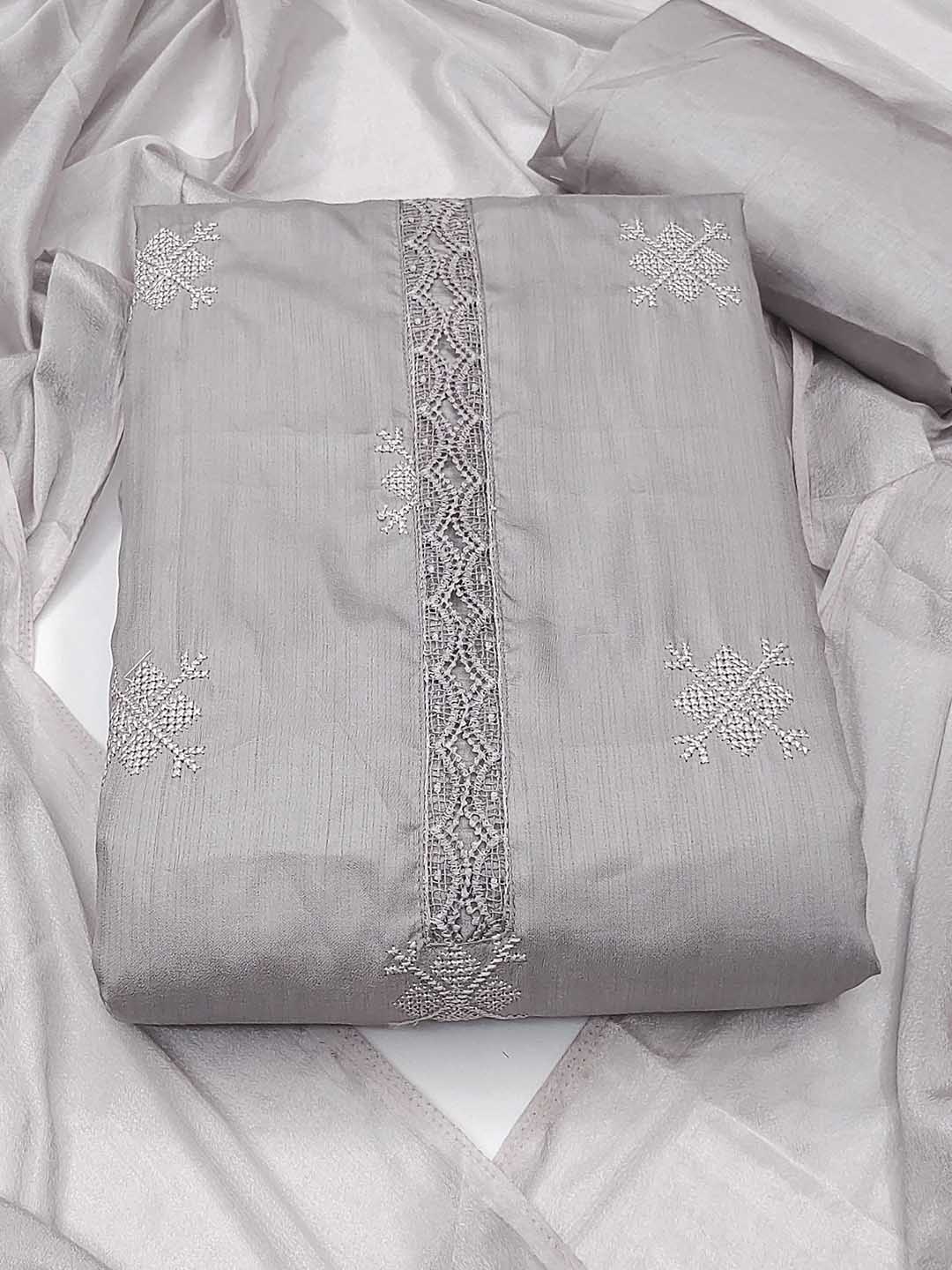

SAINOOR Geometric Embroidered SilkUnstitched Dress Material, Grey