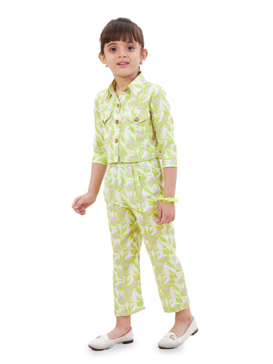 

BAESD Girls Printed Shirt Collar Shirt With Capris, Lime green