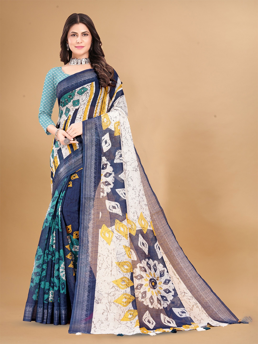 

Anouk Batik Printed Zari Bandhani Saree, Navy blue