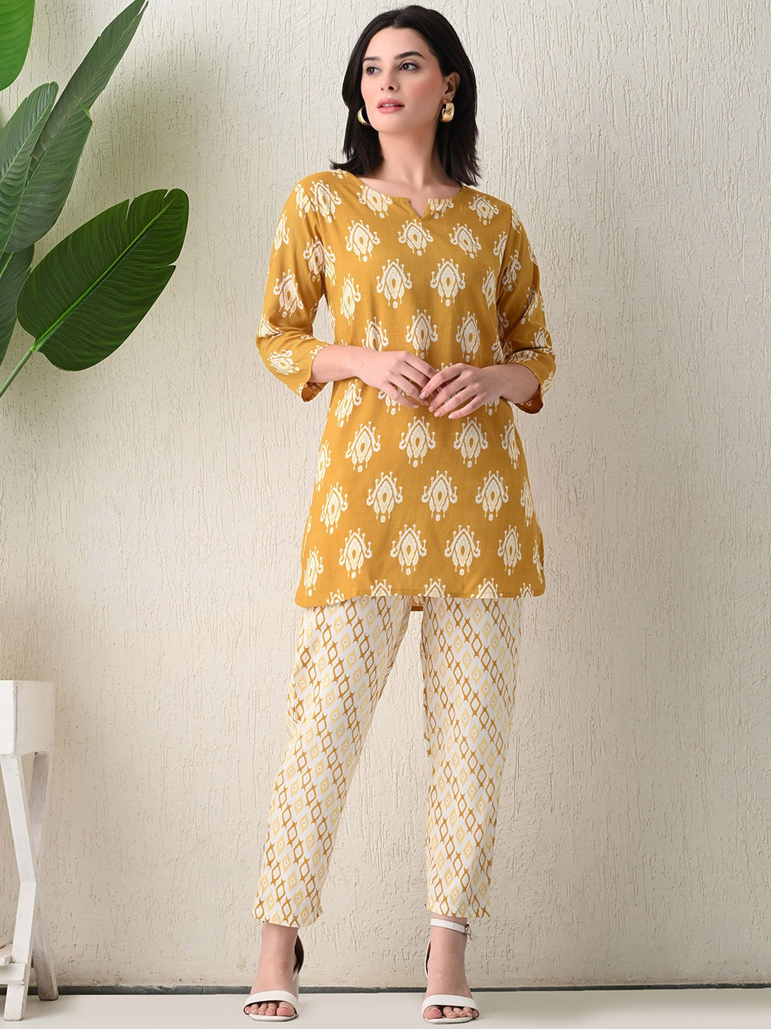 

SILAKIVA Printed Notch Neck Tunic & Trouser Co-Ord Set, Yellow