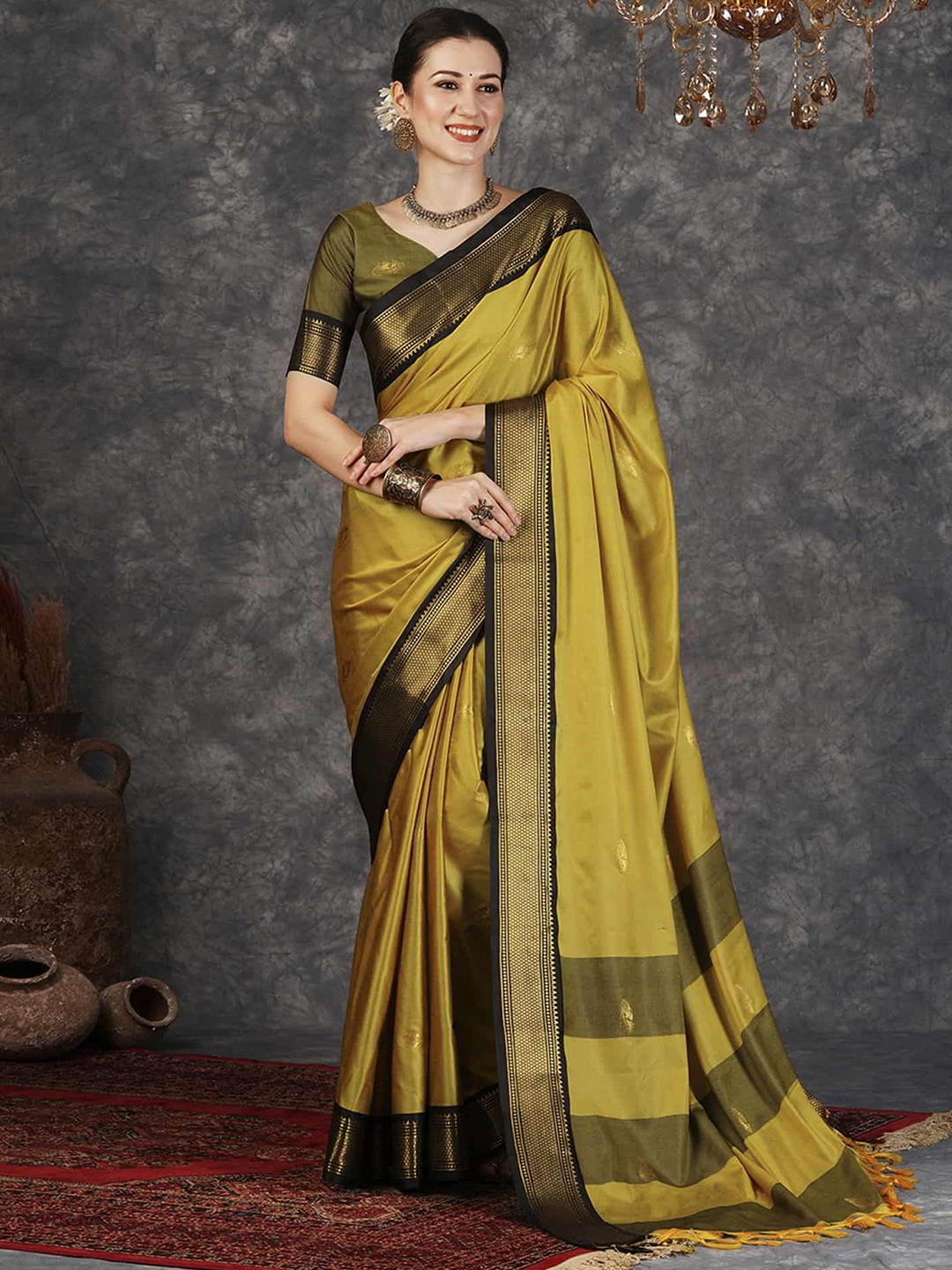 

yourwish Ethnic Motifs Zari Silk Cotton Banarasi Saree, Mustard