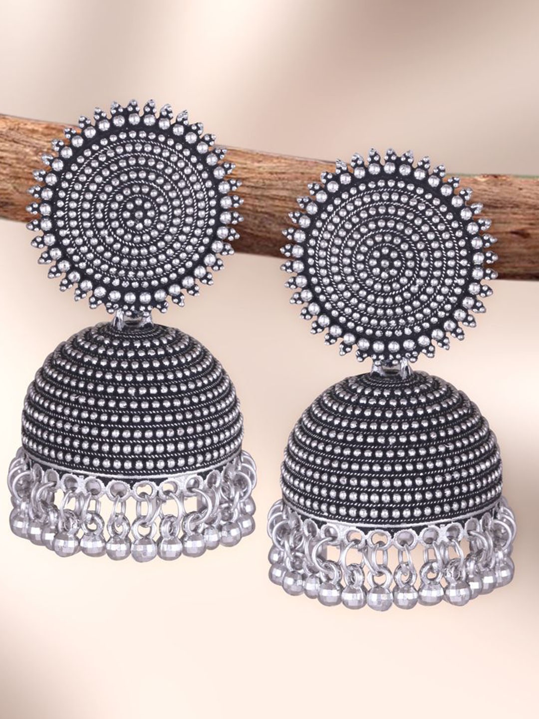 

MEENAZ Silver-Plated Oxidised Dome Shaped Jhumkas