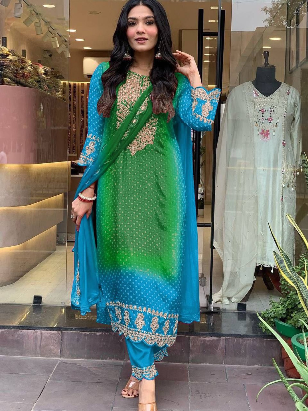 

Bought First Bandhani Embroidered Straight Kurta With Trouser And Dupatta, Blue