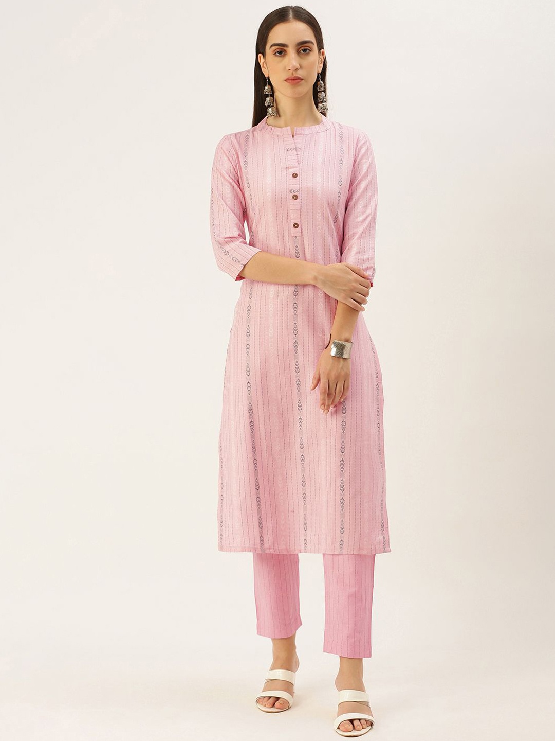 

DIVASTRI Striped Mandarin Collar Straight Kurta With Trousers, Pink