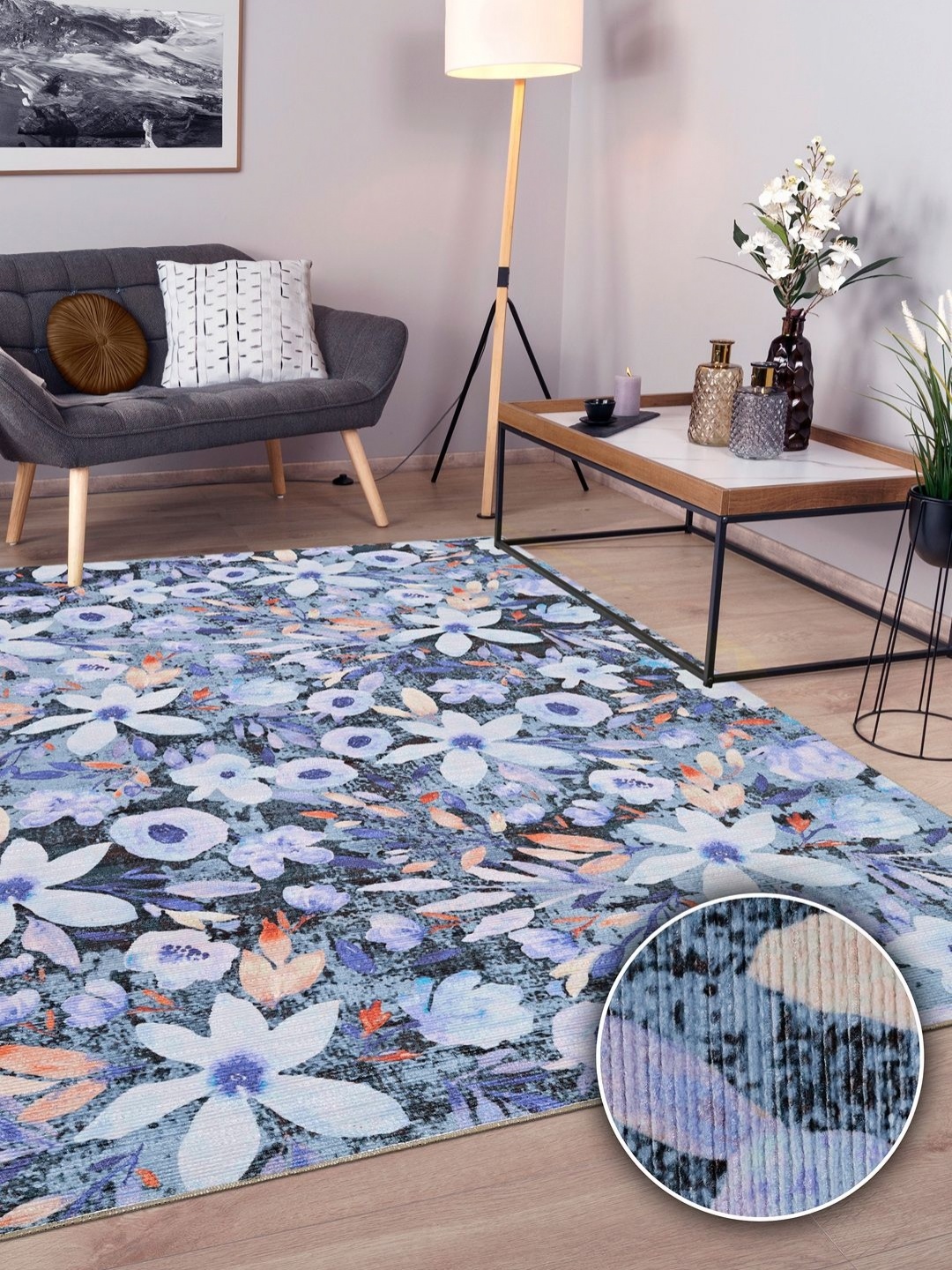 

Kaleen India Lavender & Orange Floral Printed Anti-Skid Carpet