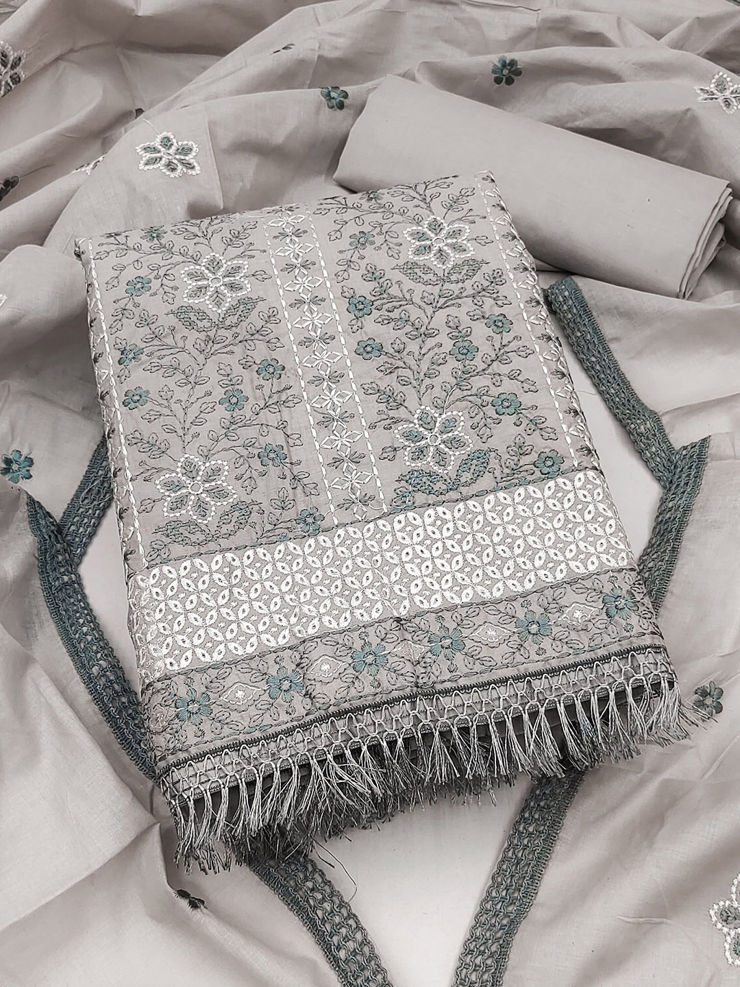 

SAINOOR Floral Embroidered Cotton Unstitched Dress Material, Grey