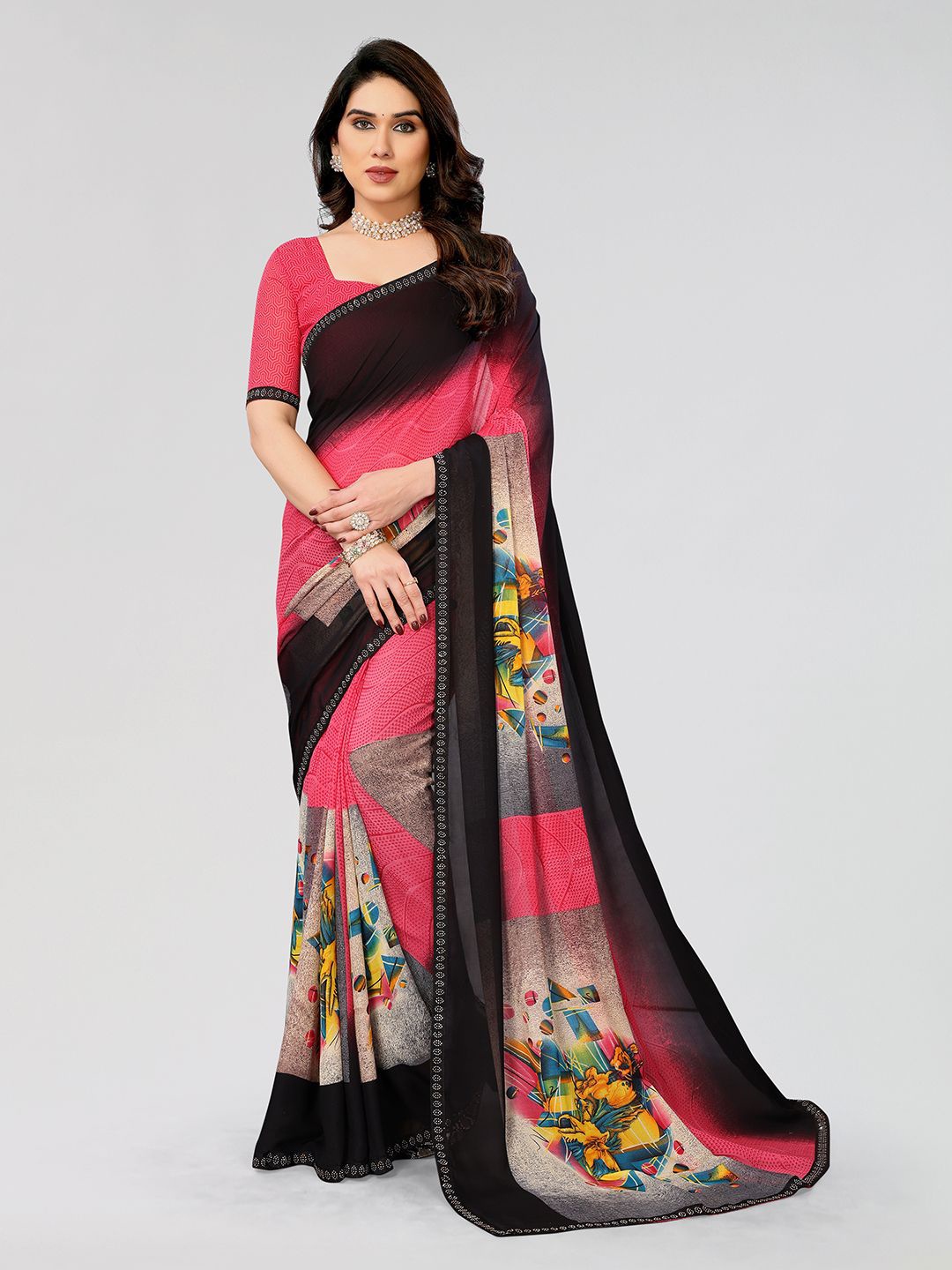 

Moda Rapido Abstract Printed Saree With Beads and Stones Details, Pink