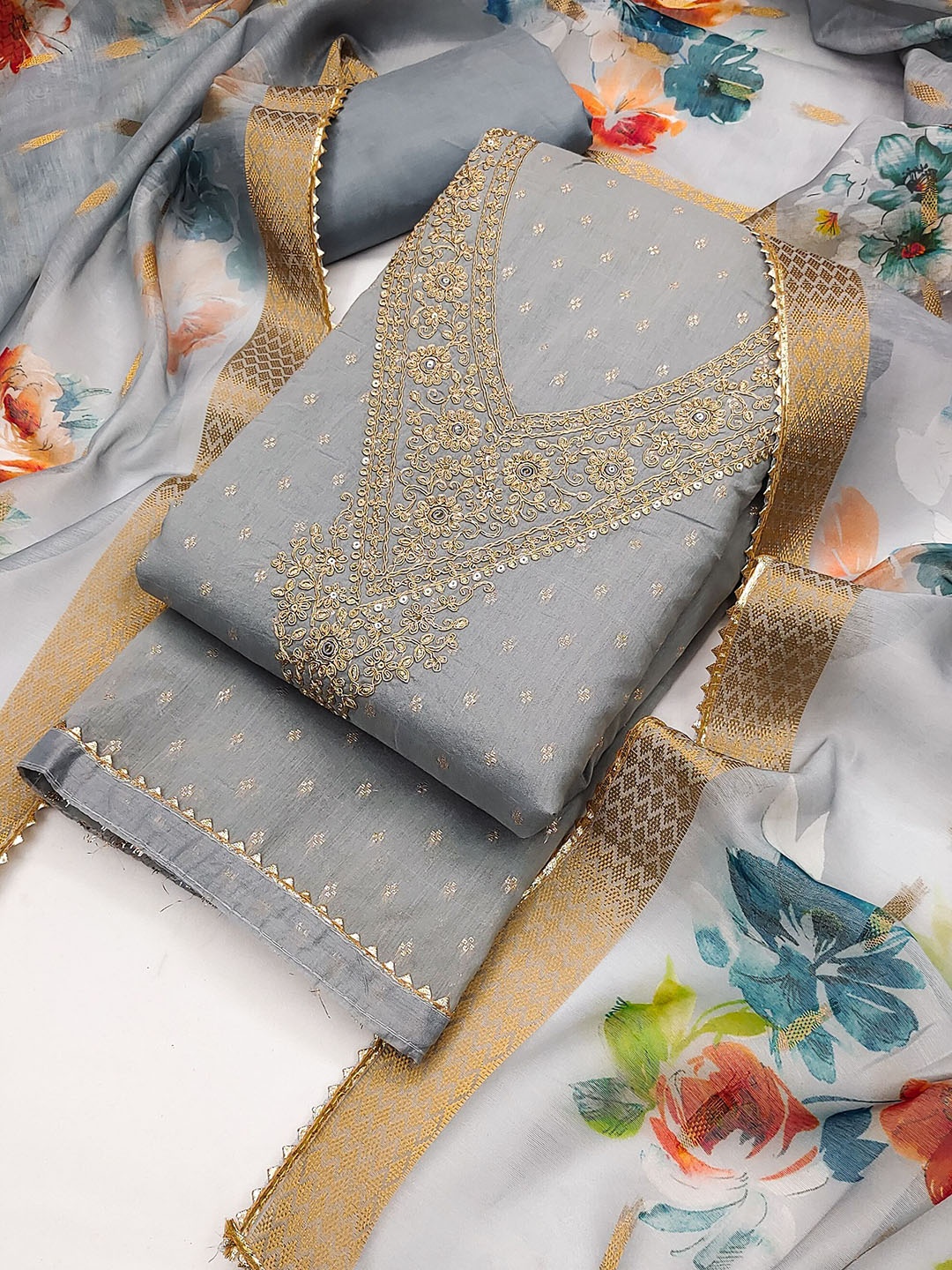 

Riti Floral Embroidered Sequinned Chanderi Silk Unstitched Dress Material, Grey