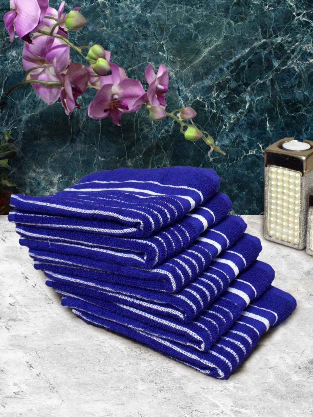 

Aura Blue & White 6 Pieces Striped Pure Cotton Super Absorbent & Quick Dry Hand Towels