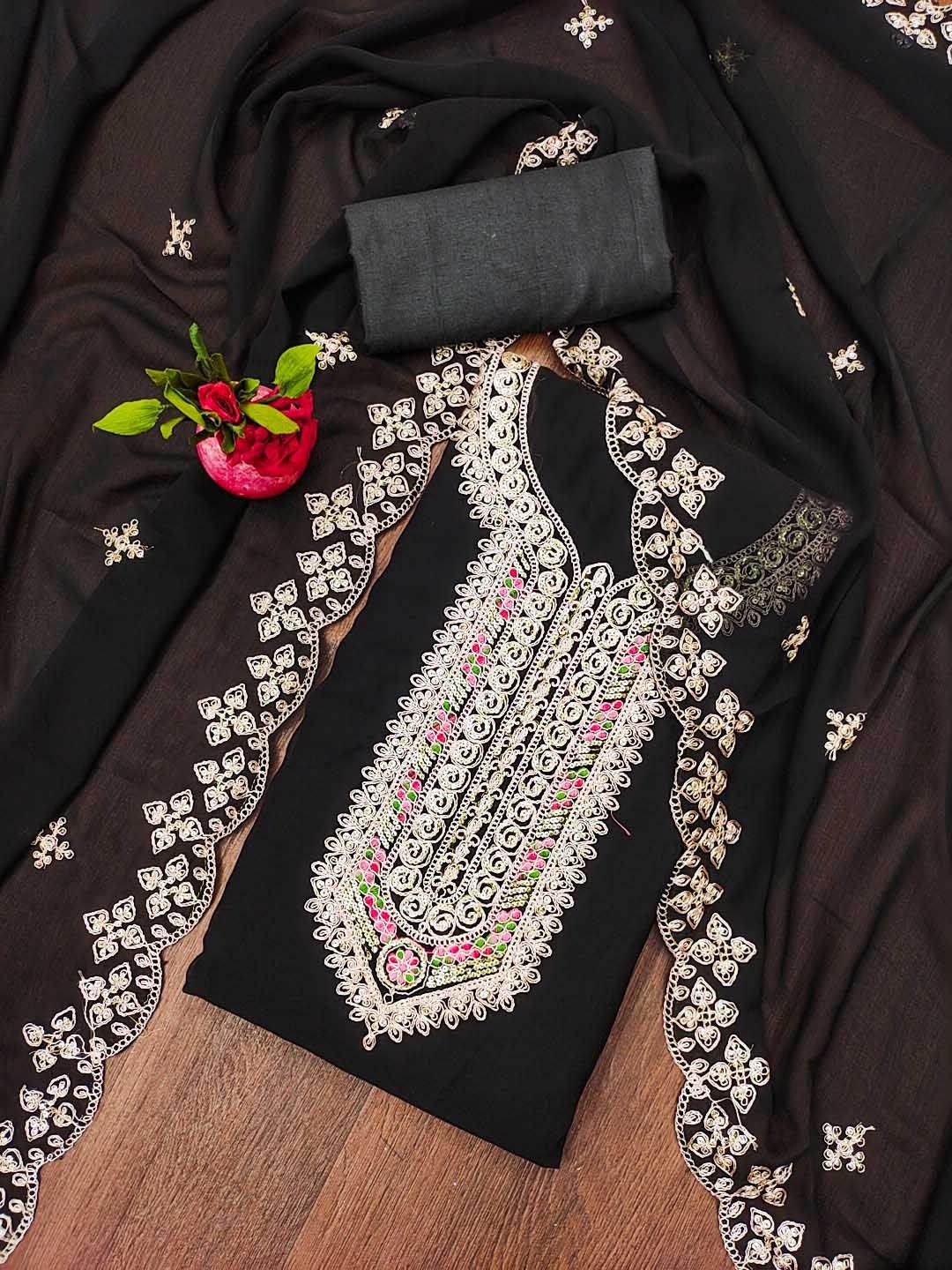 

SAINOOR Floral Embroidered Zari Silk Georgette Unstitched Dress Material, Black